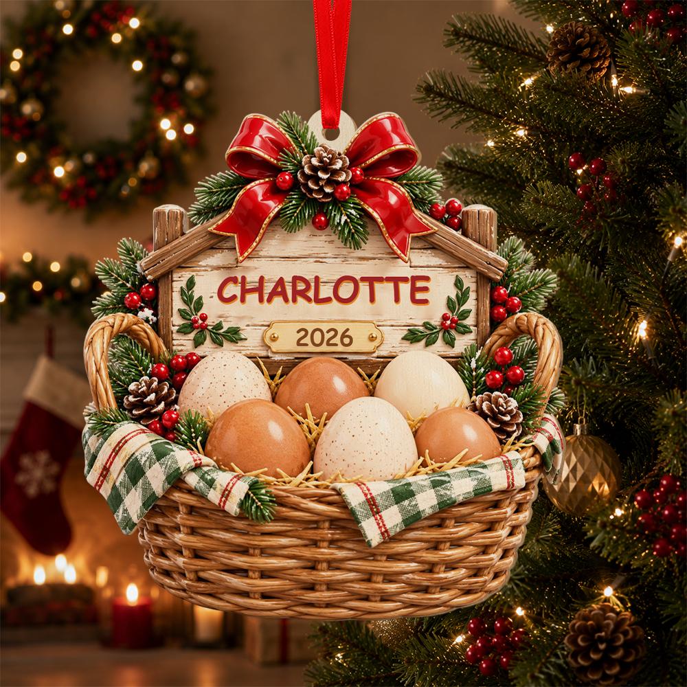 Personalized Egg Basket Christmas Ornament, Custom Name Chicken Farmer Gift