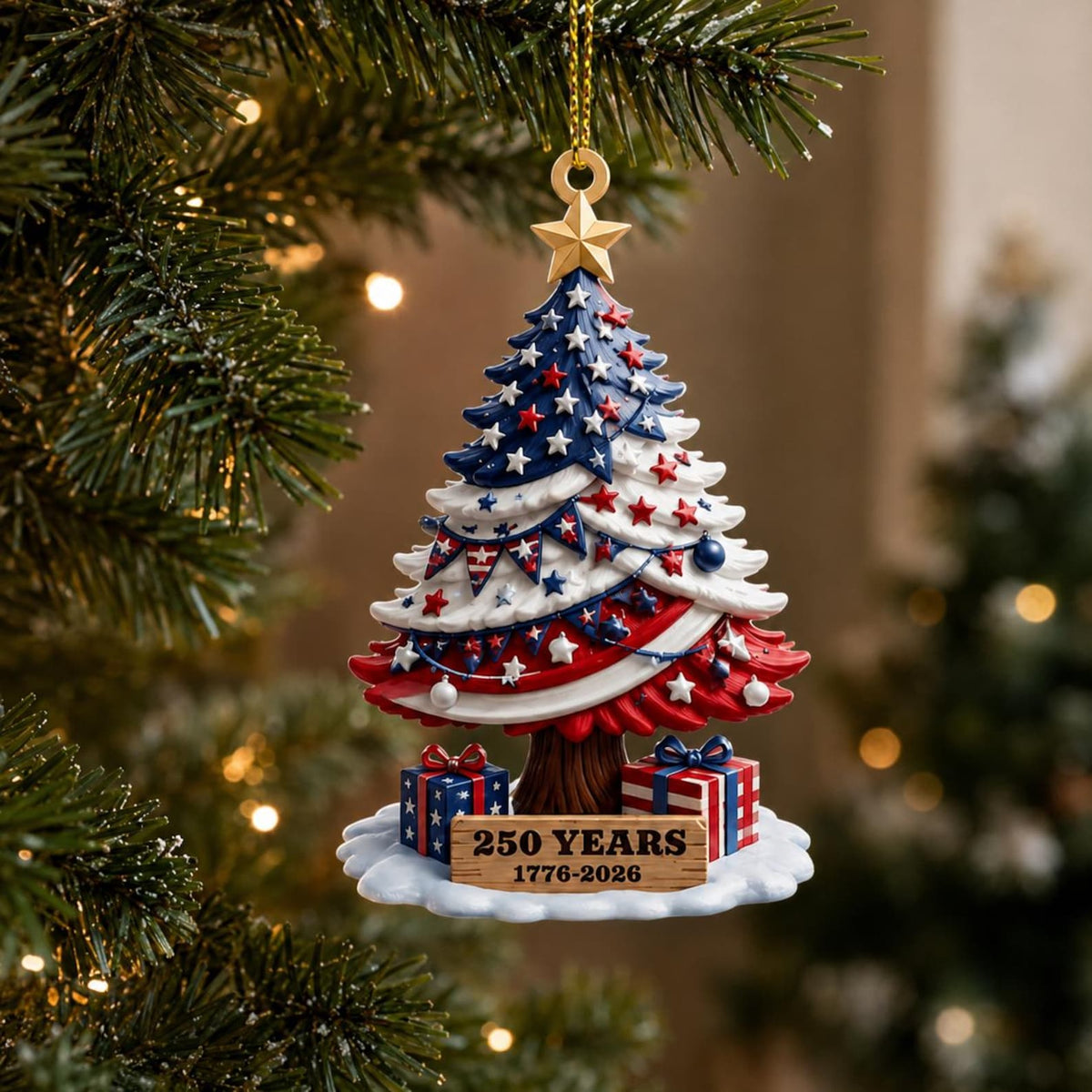 250th Anniversary Ornament 1776-2026, American Flag Christmas Tree Decor, Patriotic Holiday Gift, US History Keepsake, 250 Years of America