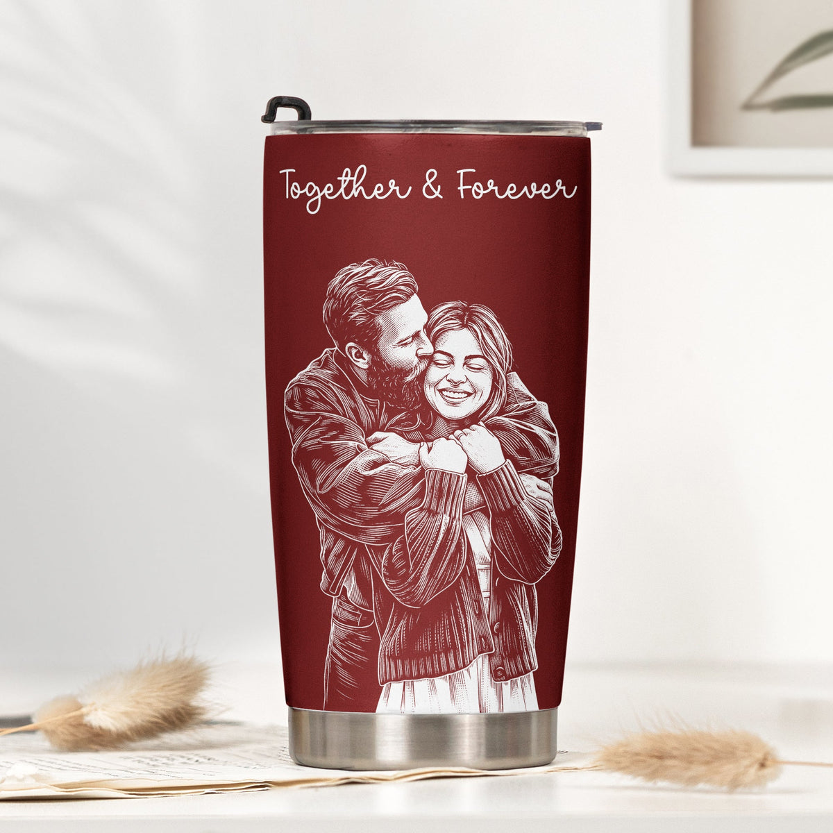 Custom Couple Photo Sketch Line Art Anniversary Gift For Him, Her - Personalized Tumbler Cup