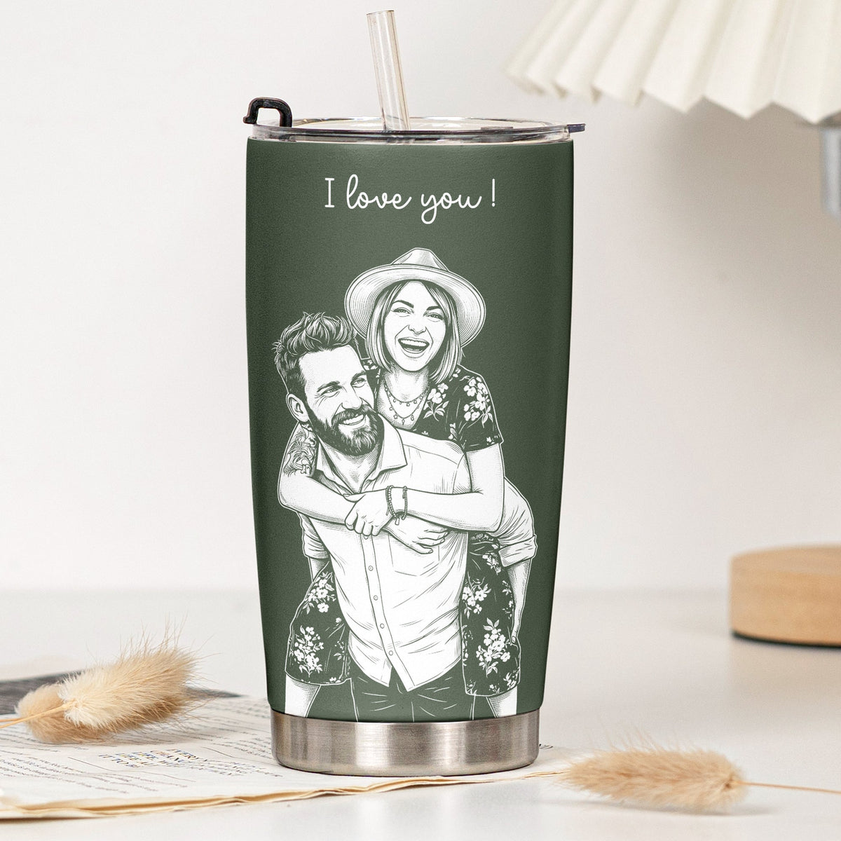 Custom Couple Photo Sketch Line Art Anniversary Gift For Him, Her - Personalized Tumbler Cup