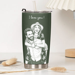 Custom Couple Photo Sketch Line Art Anniversary Gift For Him, Her - Personalized Tumbler Cup