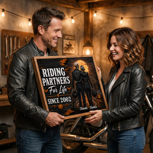 Skeleton Biker Couple Riding Partners For Life - Personalized Poster - Halloween Decor Gift, Gift For Couple