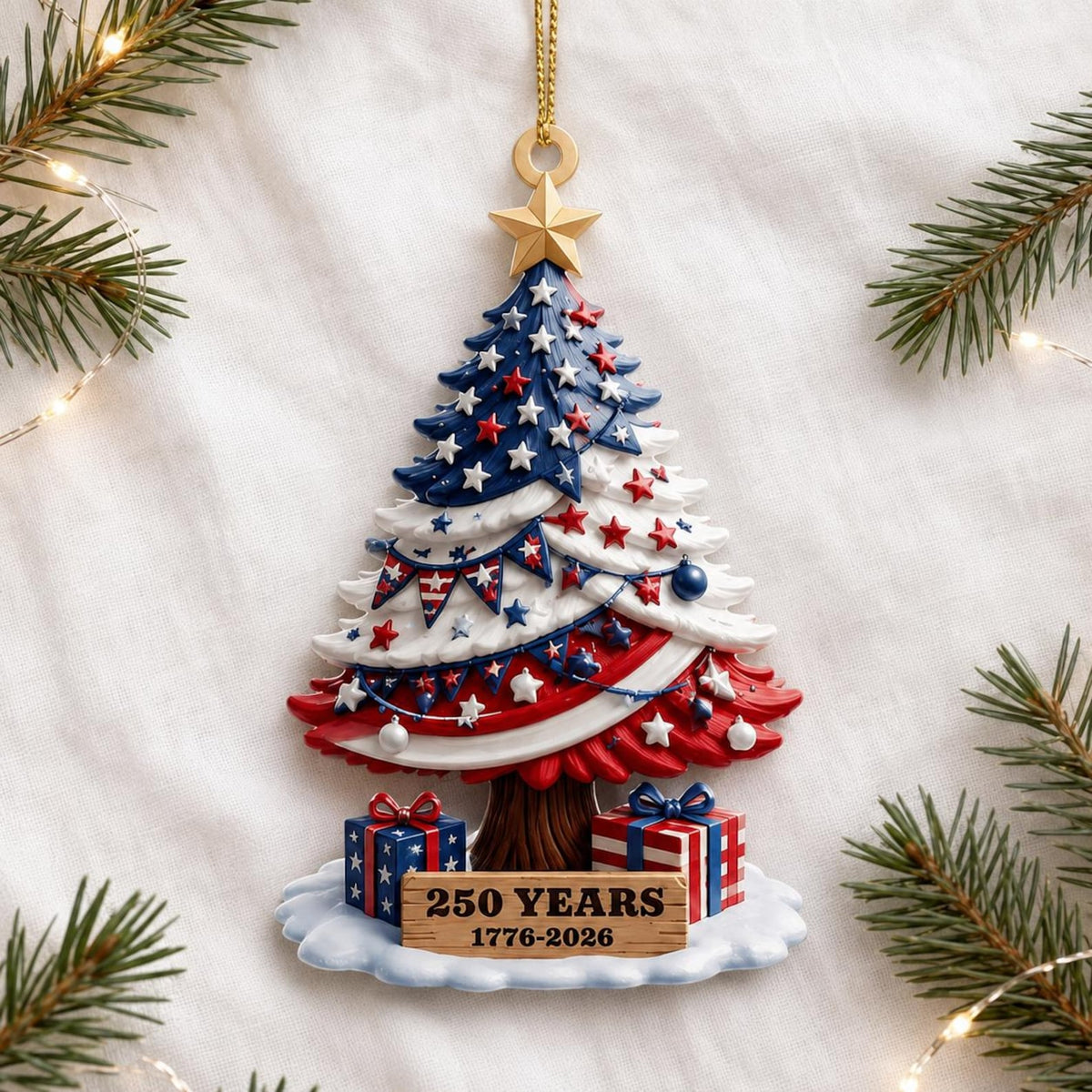 250th Anniversary Ornament 1776-2026, American Flag Christmas Tree Decor, Patriotic Holiday Gift, US History Keepsake, 250 Years of America