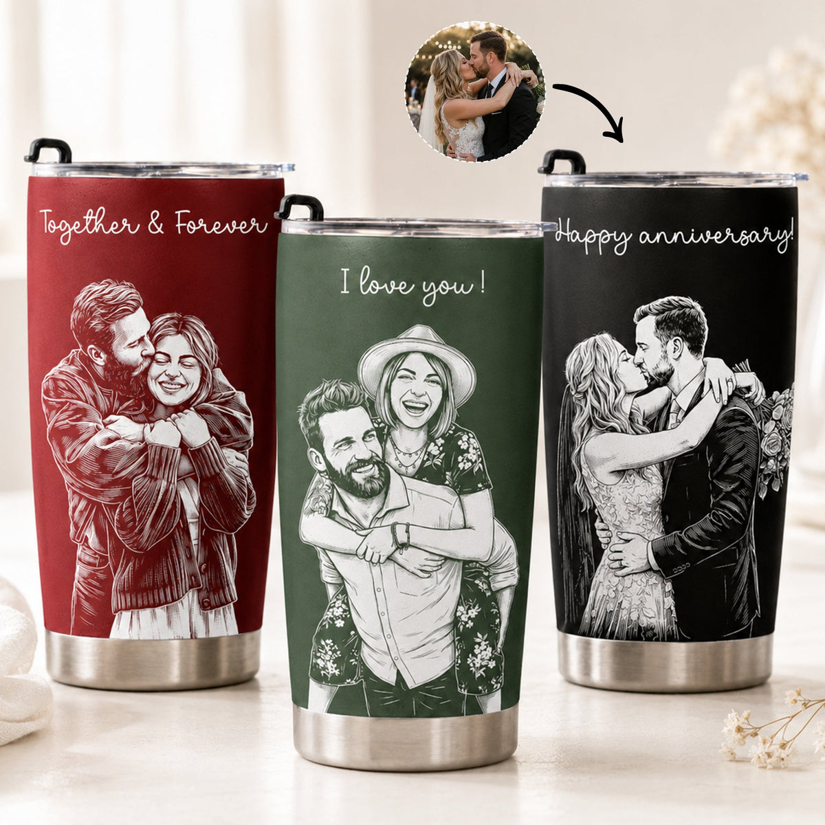 Custom Couple Photo Sketch Line Art Anniversary Gift For Him, Her - Personalized Tumbler Cup