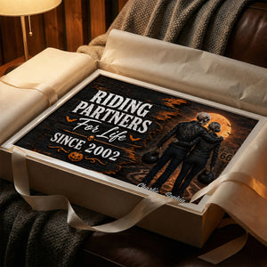 Skeleton Biker Couple Riding Partners For Life - Personalized Poster - Halloween Decor Gift, Gift For Couple