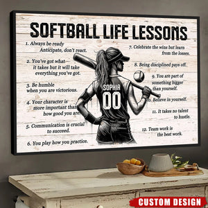 Softball Life Lessons Personalized Poster, Custom Softball Poster Print, Motivational Softball Gift for Girls, Women, Softball Players