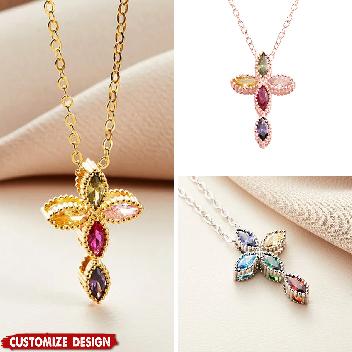 Personalized Mini Cross Pendant Necklace with 1-5 Family Birthstones Christening Gift for Woman