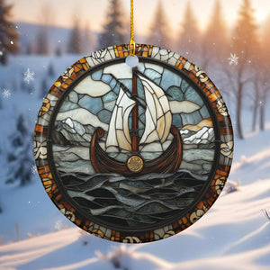 Round Viking Ship Ceramic Ornament