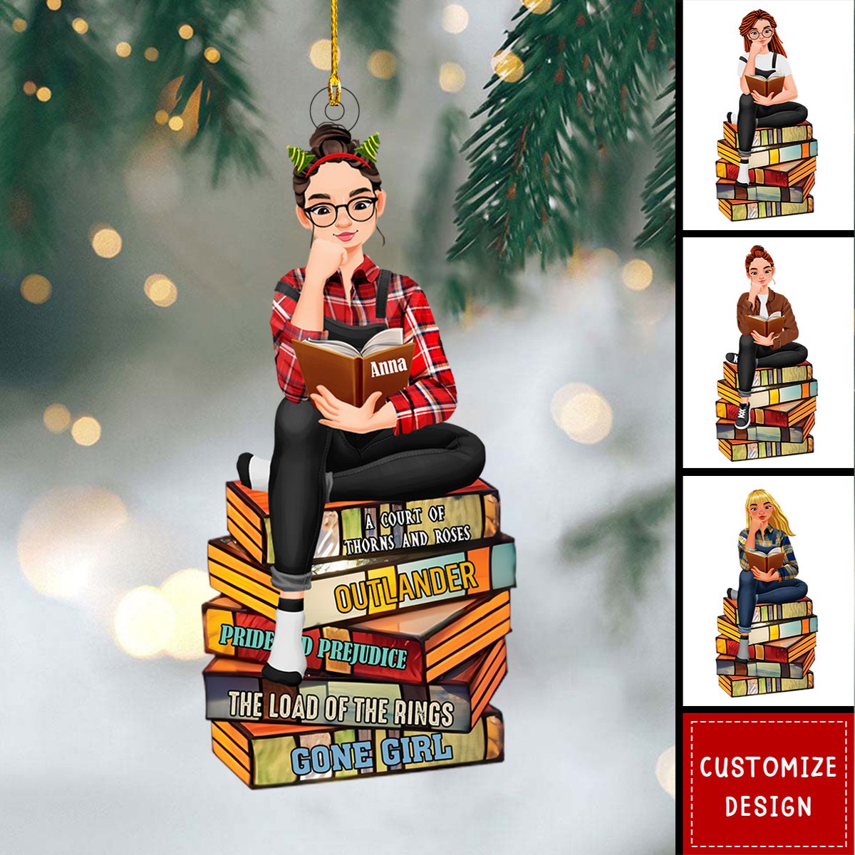 Girl Sitting On Stack Of Books Reading-Personalized Acrylic Ornament-Gift For Book Lovers-New Release
