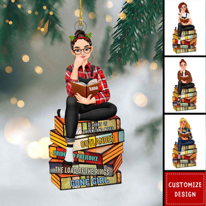Girl Sitting On Stack Of Books Reading-Personalized Acrylic Ornament-Gift For Book Lovers-New Release