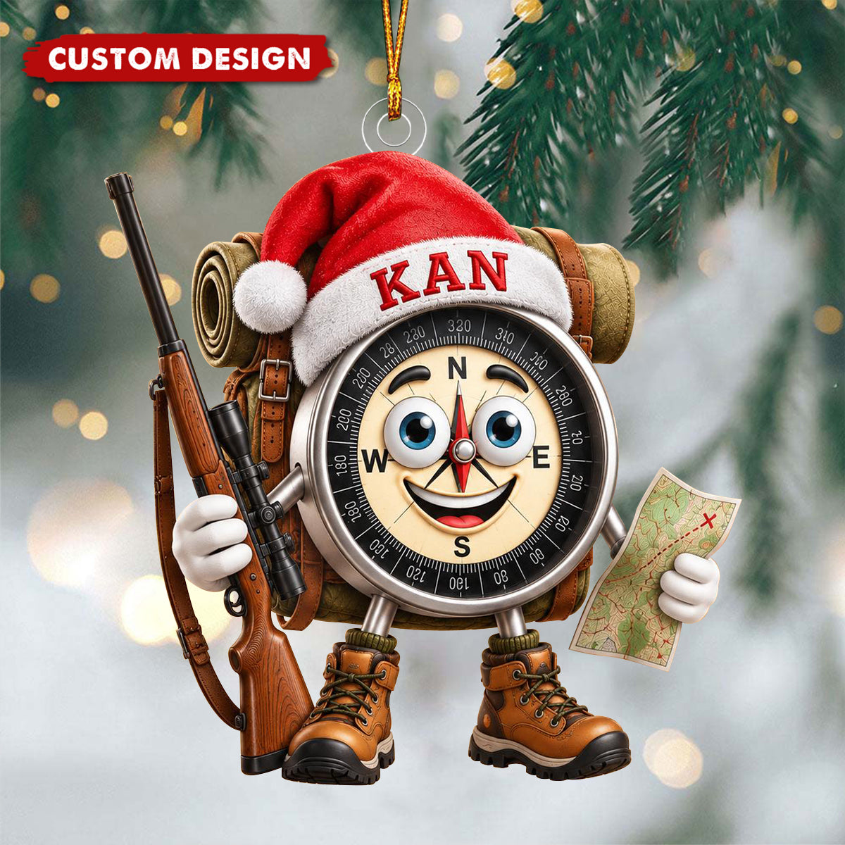 Personalized Compass Hunter Christmas Ornament, Cute Hunting Hiking Acrylic Keepsake