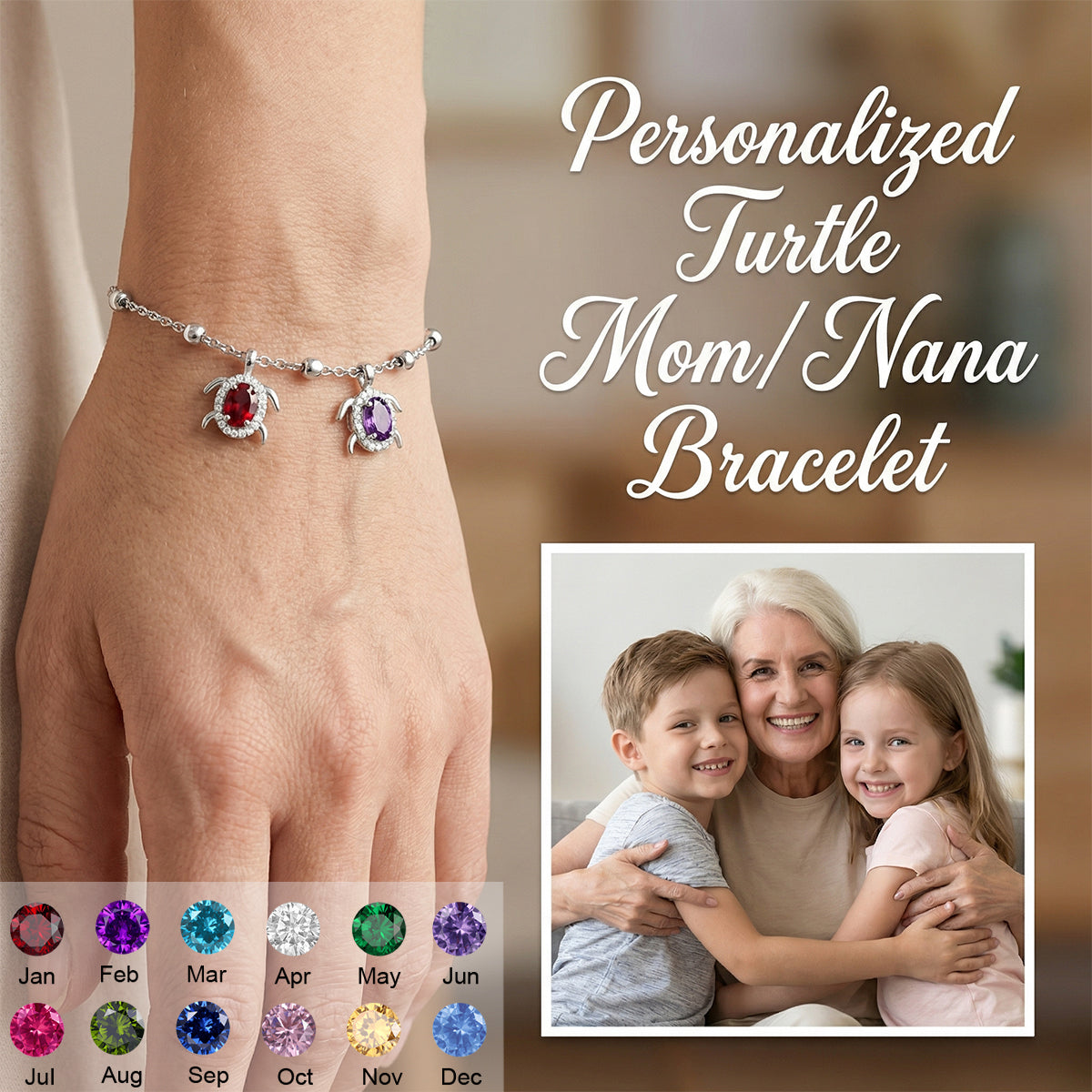 Personalized Sea Turtle Birthstones Bracelet - Gift For Mom,Grandma