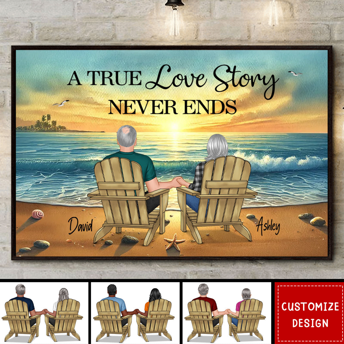 Couple Sitting Together Sunset Beach Landscape Personalized Poster-Gift For Couple