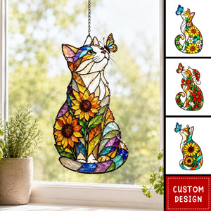 Personalized Cat Sunflower Butterfly Acrylic Suncatcher, Light Catching Gift for Cat Lovers