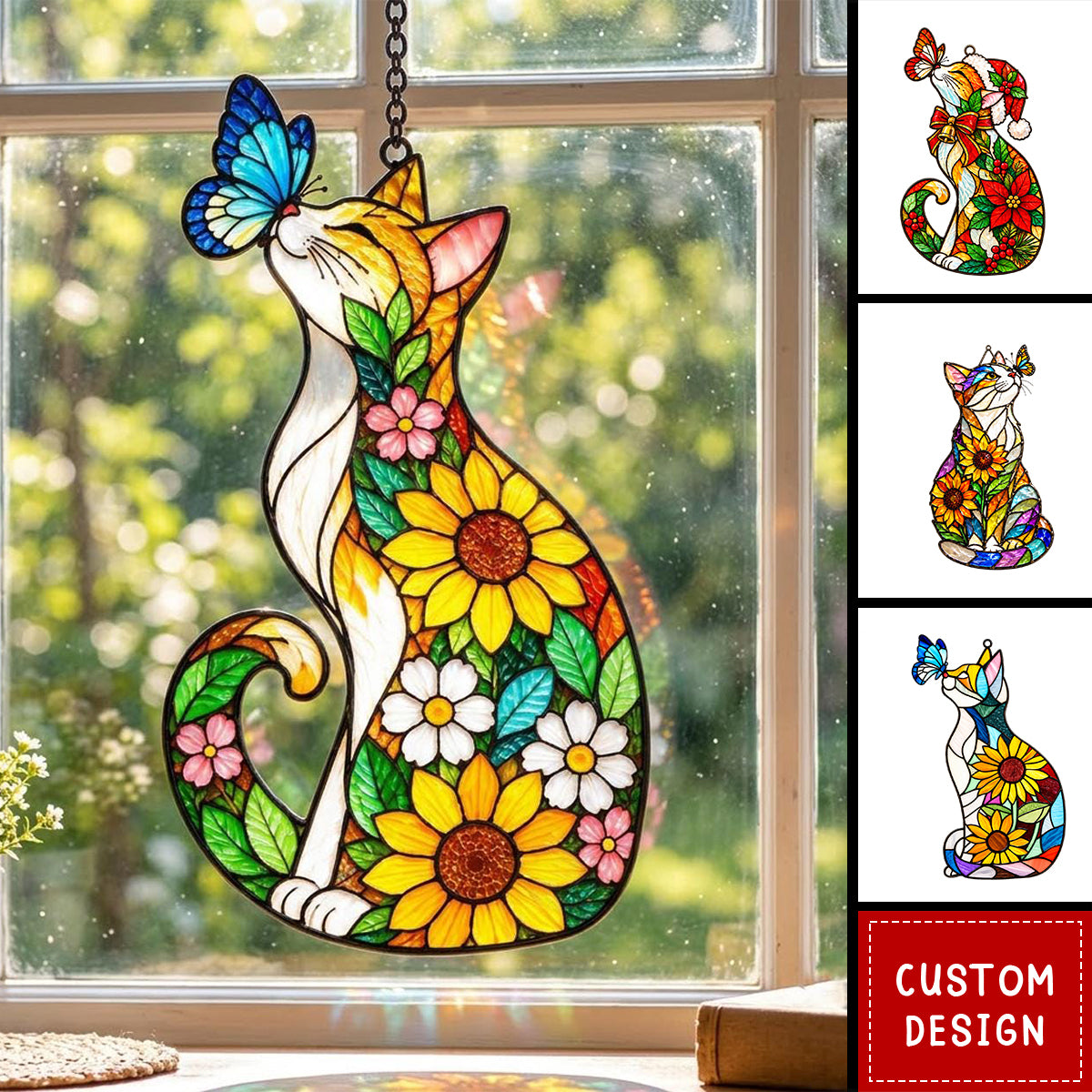 Personalized Cat Sunflower Butterfly Acrylic Suncatcher, Light Catching Gift for Cat Lovers