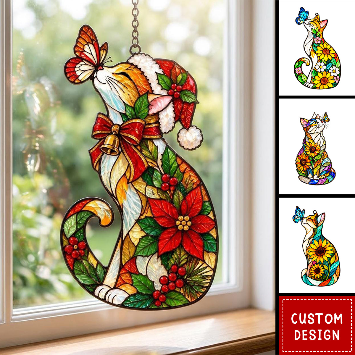 Personalized Cat Sunflower Butterfly Acrylic Suncatcher, Light Catching Gift for Cat Lovers