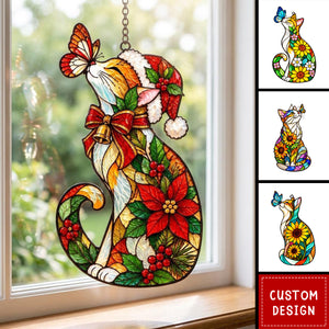 Personalized Cat Sunflower Butterfly Acrylic Suncatcher, Light Catching Gift for Cat Lovers