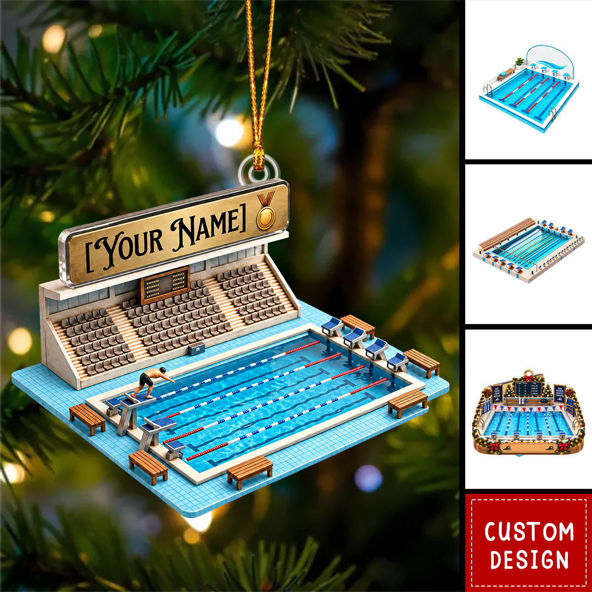Personalized Swimming Pool Competition Scene Acrylic Christmas Ornament - Swimmer, Lane Lines, Spectator Stands