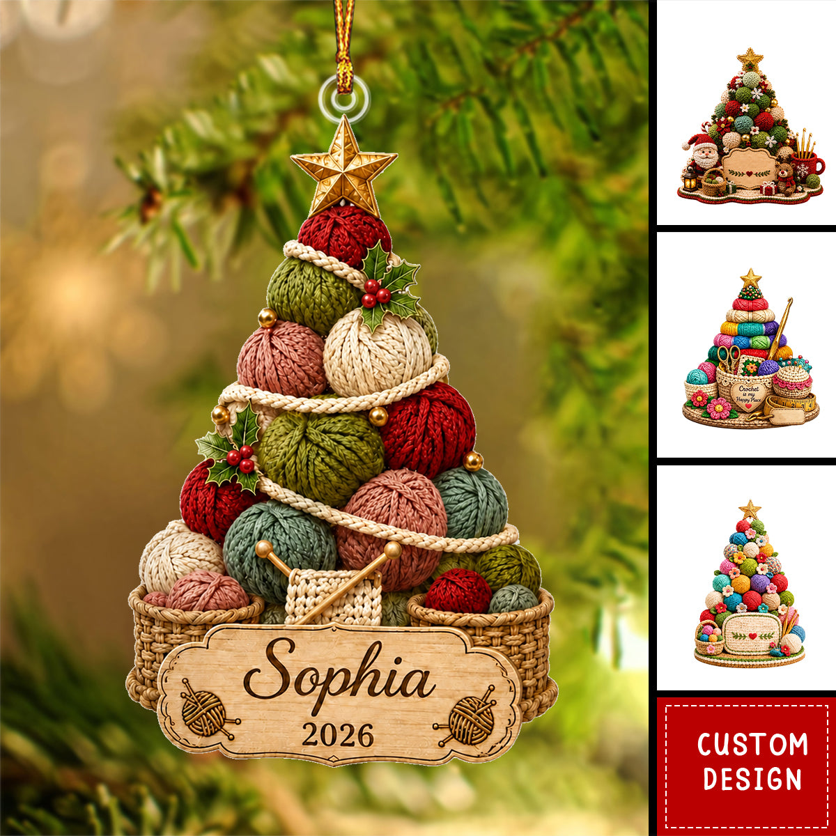 Personalized Yarn Ball Ornament, Knitting Crocheting Tree Decor, Gift for Grandma