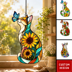 Personalized Cat Sunflower Butterfly Acrylic Suncatcher, Light Catching Gift for Cat Lovers