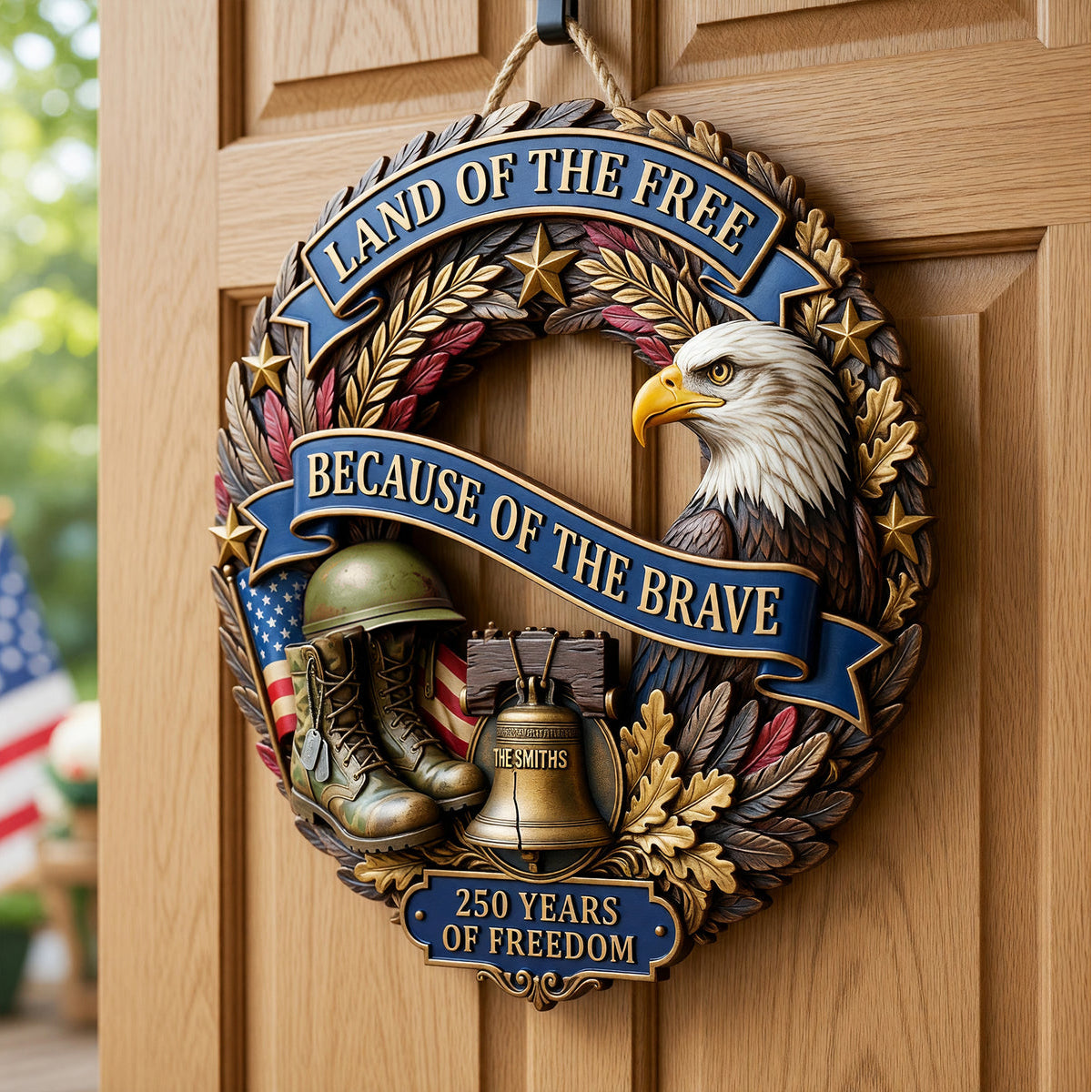 Personalized Land Of The Free America 250th Anniversary Wooden Sign - Gift For Veterans