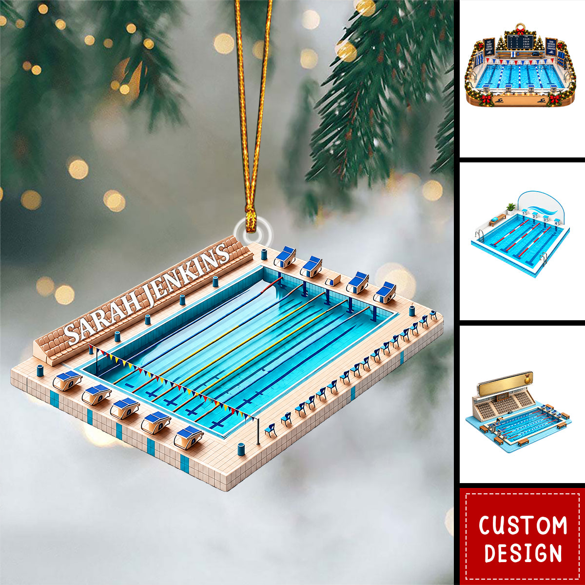 Personalized Swimming Pool Competition Scene Acrylic Christmas Ornament - Swimmer, Lane Lines, Spectator Stands