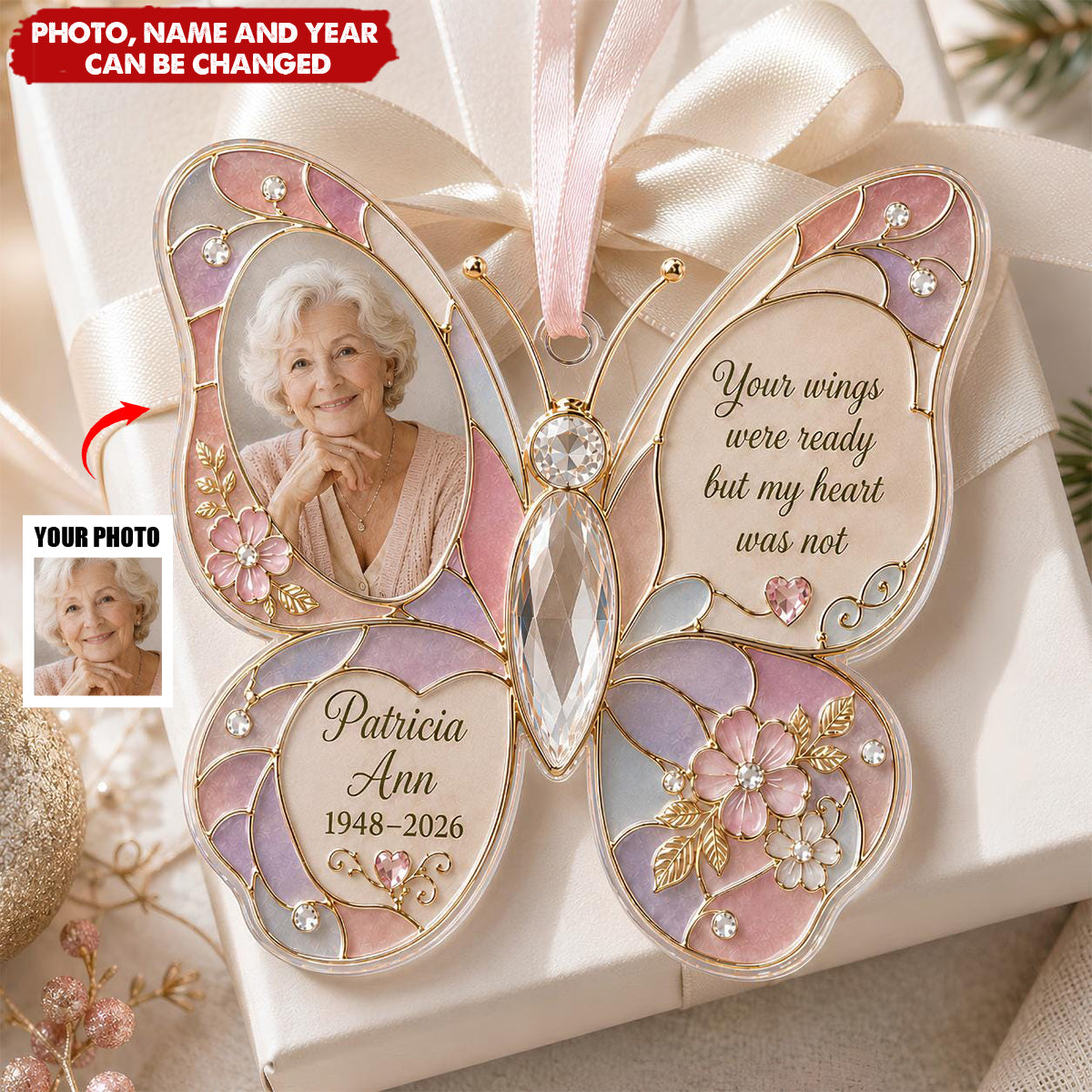 Personalized Photo Memorial Ornament, Butterfly Remembrance Keepsake, In Loving Memory Gift, Flat Acrylic Bauble, Sympathy Loss of Loved One