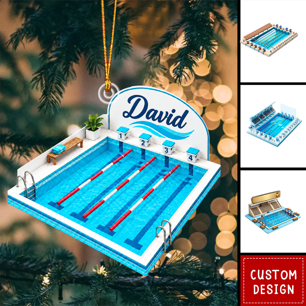Personalized Swimming Pool Competition Scene Acrylic Christmas Ornament - Swimmer, Lane Lines, Spectator Stands