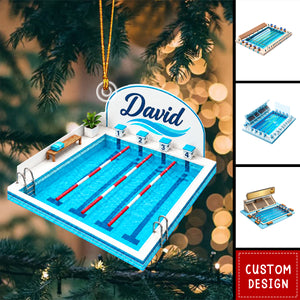 Personalized Swimming Pool Competition Scene Acrylic Christmas Ornament - Swimmer, Lane Lines, Spectator Stands