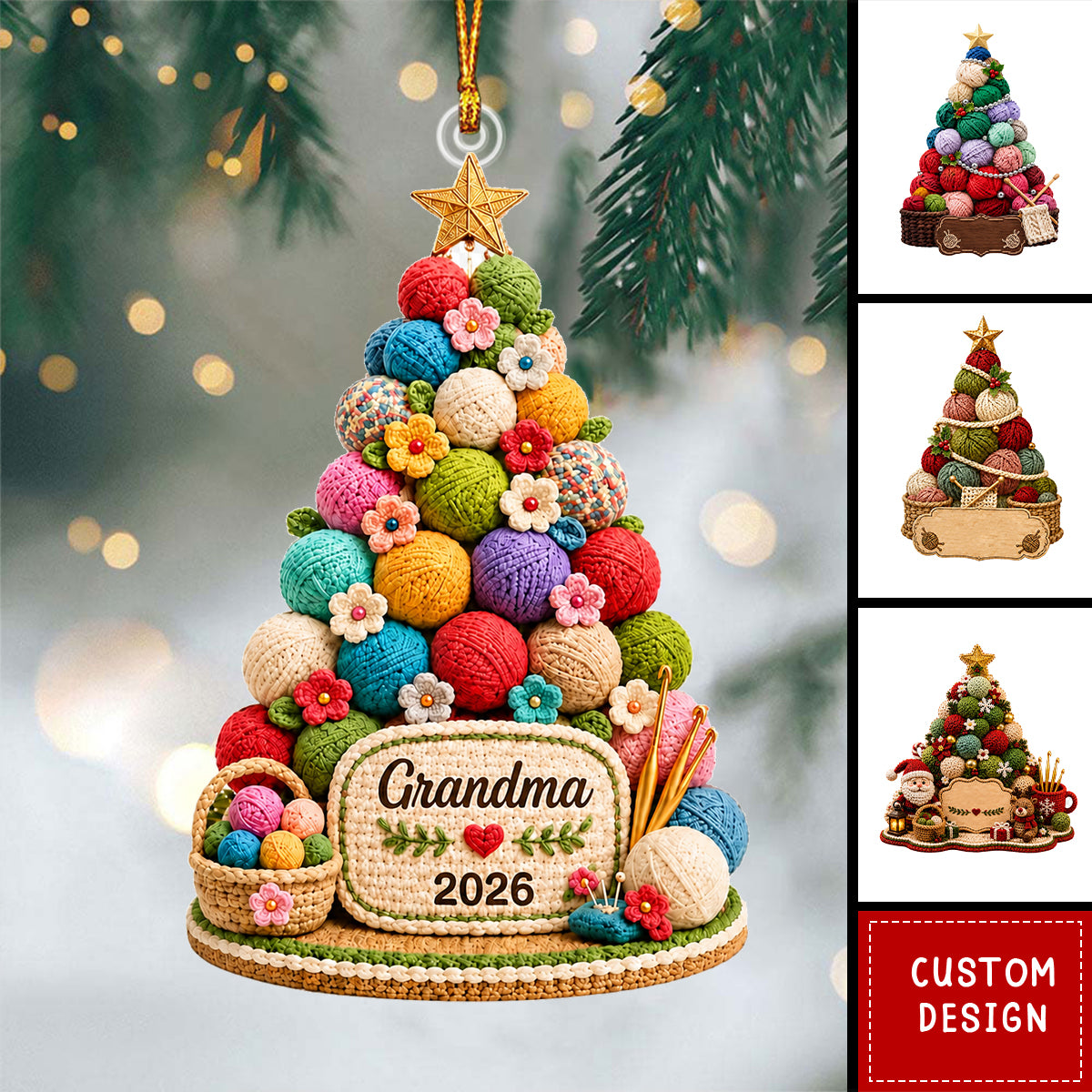 Personalized Yarn Ball Ornament, Knitting Crocheting Tree Decor, Gift for Grandma