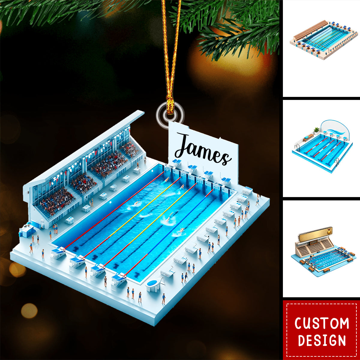 Personalized Swimming Pool Competition Scene Acrylic Christmas Ornament - Swimmer, Lane Lines, Spectator Stands