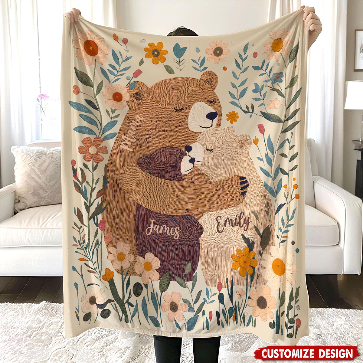 Personalized Mama/Nana Bear Flower Blanket - Gift for Mom Grandma