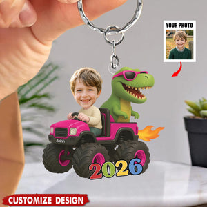Personalized Kid Photo Dinosaur Truck Keychain