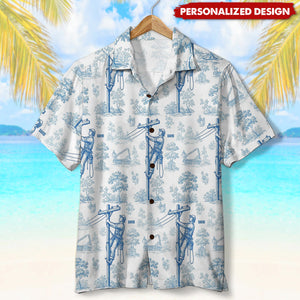 Vintage Toile Blue Pattern Hawaiian Shirt - Personalized Gifts For Lineman