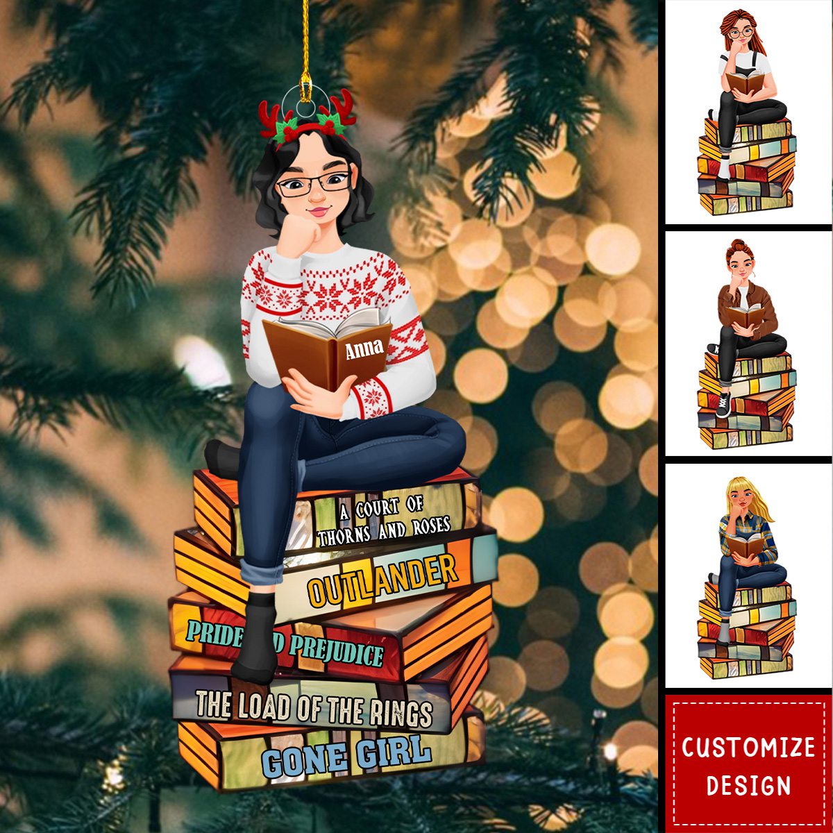 Girl Sitting On Stack Of Books Reading-Personalized Acrylic Ornament-Gift For Book Lovers-New Release