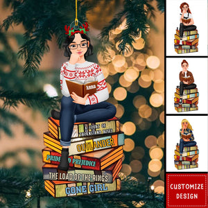Girl Sitting On Stack Of Books Reading-Personalized Acrylic Ornament-Gift For Book Lovers-New Release