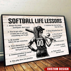 Softball Life Lessons Personalized Poster, Custom Softball Poster Print, Motivational Softball Gift for Girls, Women, Softball Players