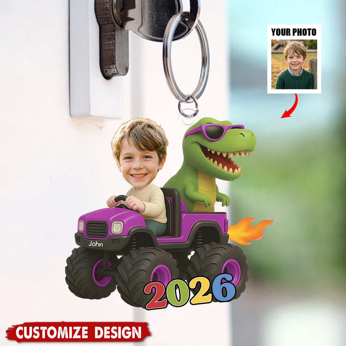 Personalized Kid Photo Dinosaur Truck Keychain