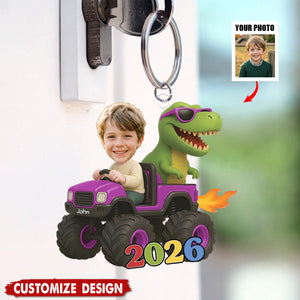 Personalized Kid Photo Dinosaur Truck Keychain
