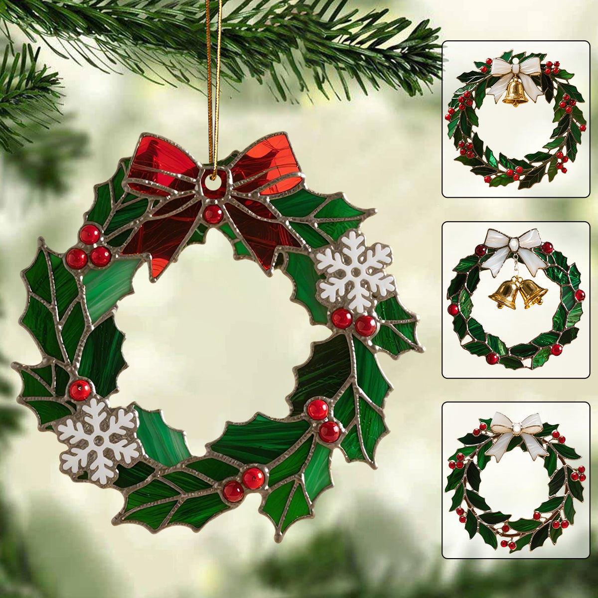 Christmas Stained Holly Wreath Ornament