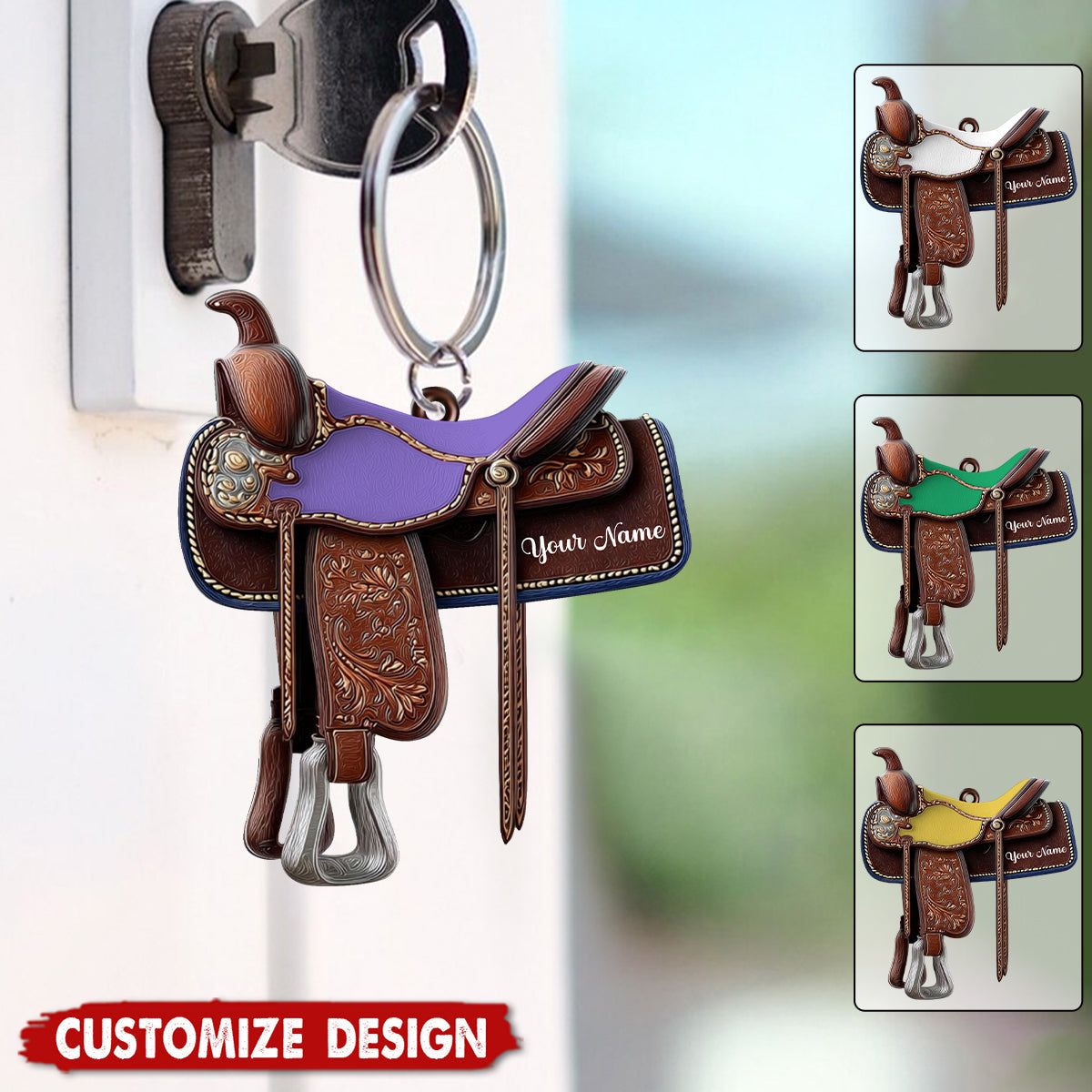 Personalized Western Horse Saddle Keychain - Gift for Riders Cowboy Cowgirl