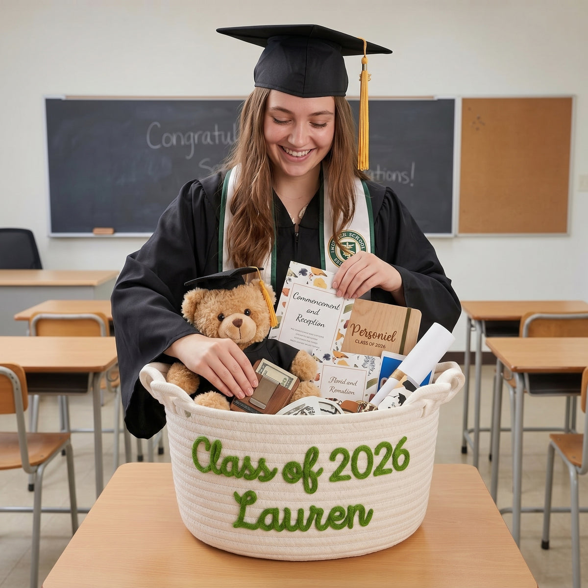 Custom Graduation Storage Bin, Personalized Gift Basket