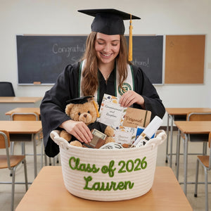 Custom Graduation Storage Bin, Personalized Gift Basket
