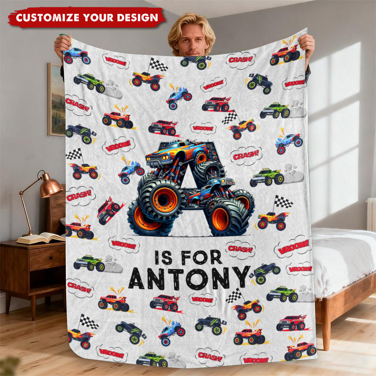 Monster Truck, Astronaut Letter - Personalized Kid Blanket