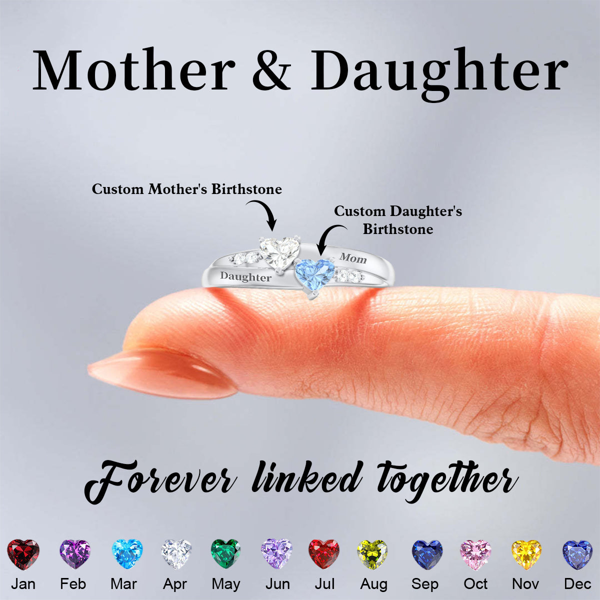 For My Family-Double Heart Gemstone Ring