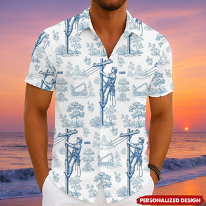 Vintage Toile Blue Pattern Hawaiian Shirt - Personalized Gifts For Lineman