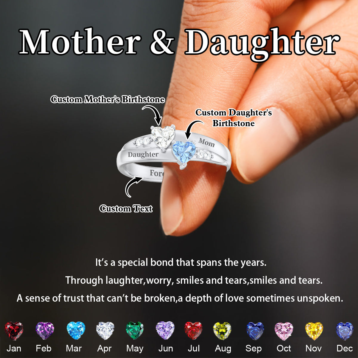 For My Family-Double Heart Gemstone Ring