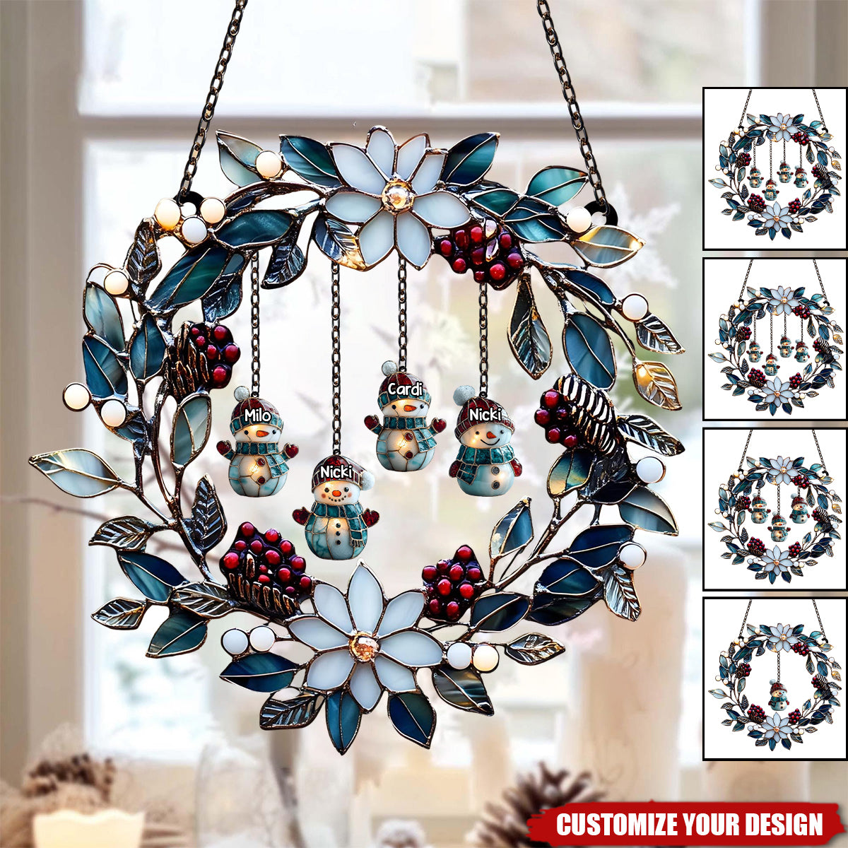 Personalized Snowman Family Acrylic Wreath Suncatcher