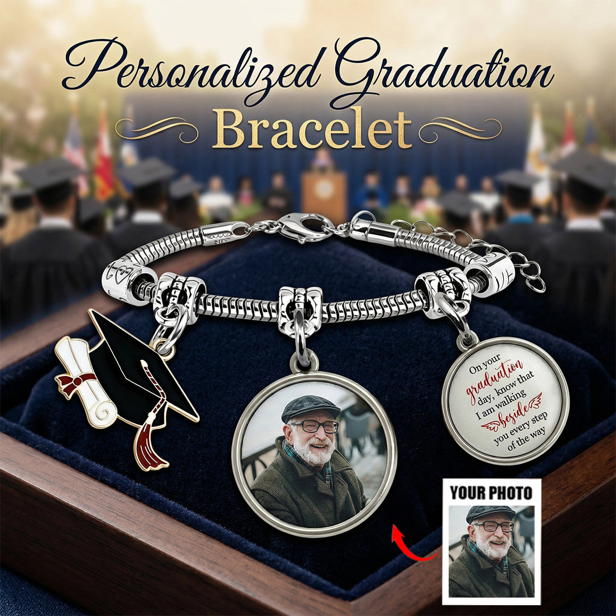 Graduation Walking Beside You Every Step - Personalized Memorial Bracelet With Photo Charms