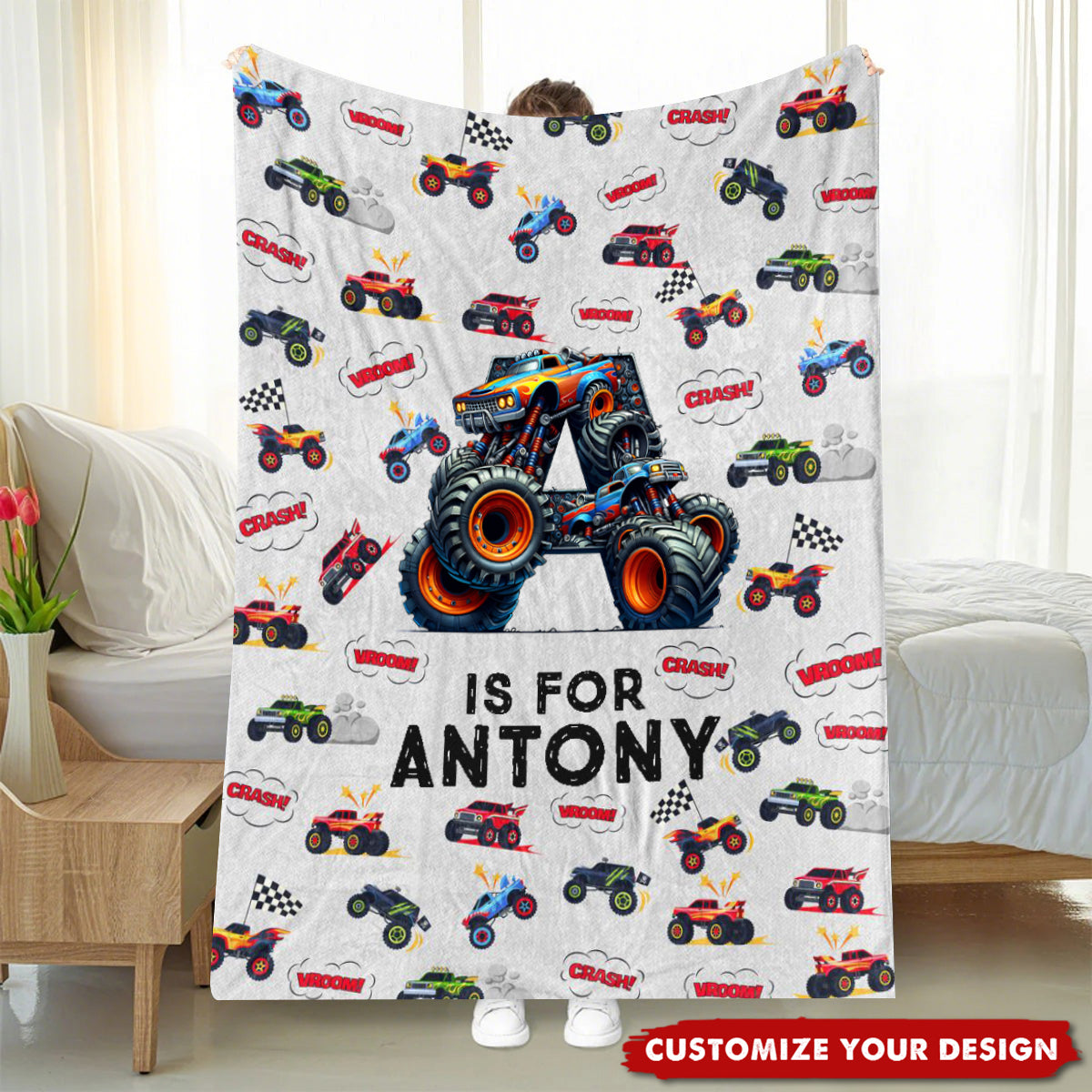 Monster Truck, Astronaut Letter - Personalized Kid Blanket
